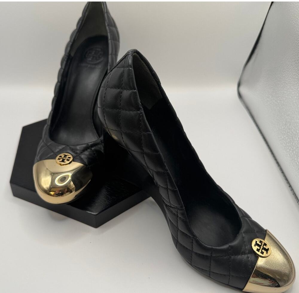 Tory Burch Kaitlin Black Quilted Leather Gold Cap Toe Wedge Pumps Size 10